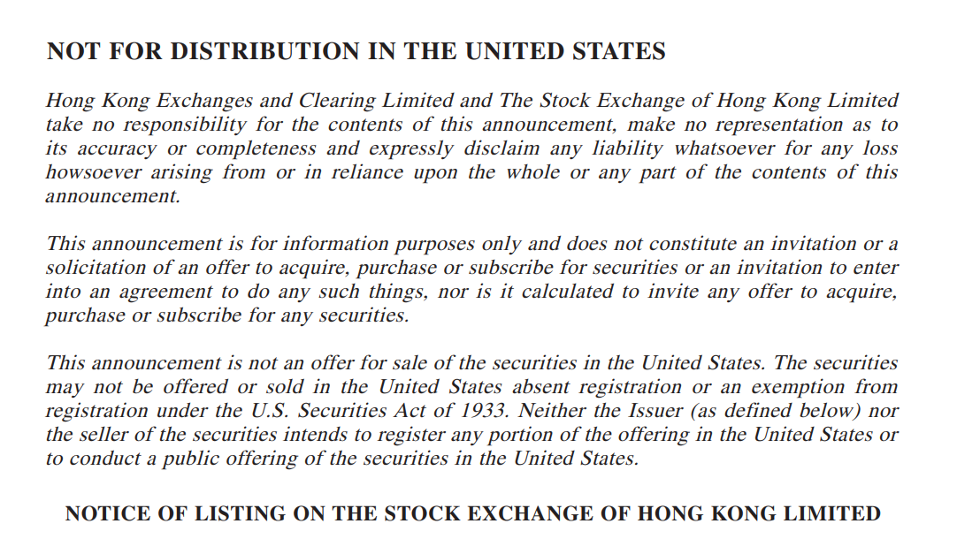 NOTICE OF LISTING ON THE STOCK EXCHANGE OF HONG KONG LIMITED 